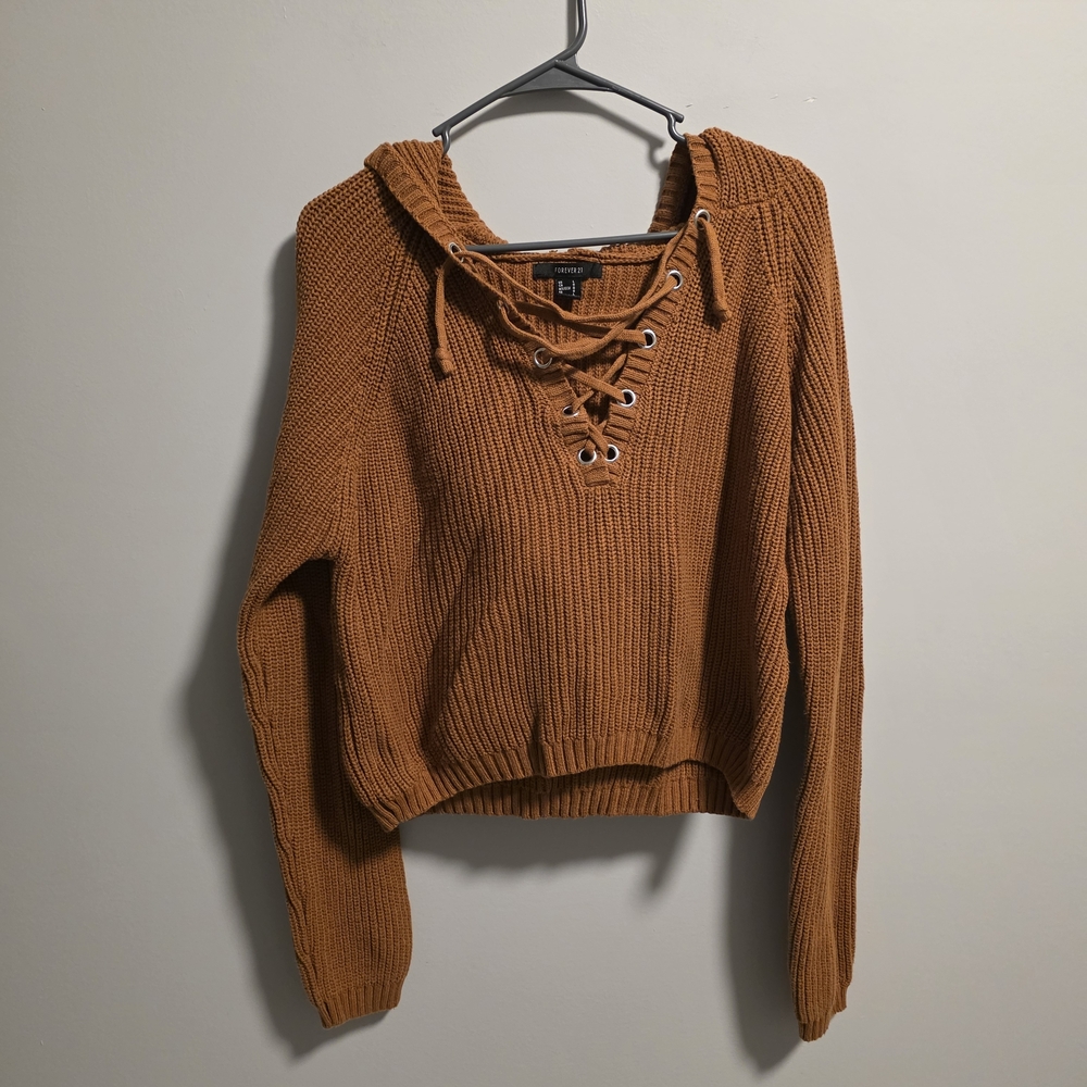 Forever 21 V-Neck Lace-Up Sweater - Brown